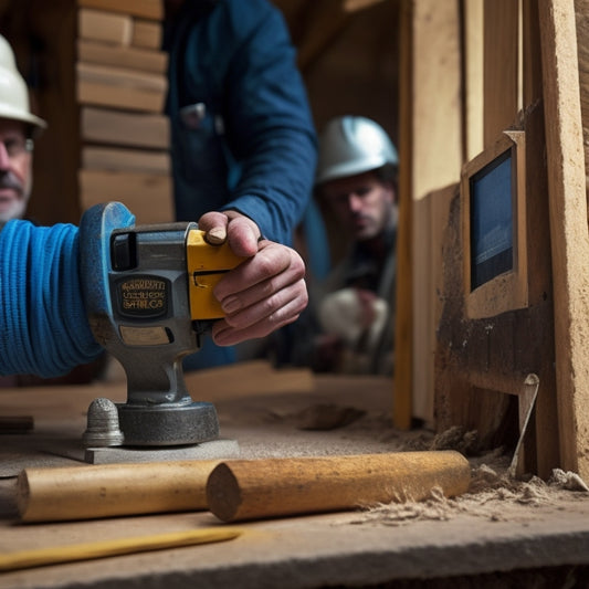 Illustrate a close-up of a person holding a caliper, measuring the thickness of a partially demolished wall, with exposed insulation, wires, and wooden studs in the background.