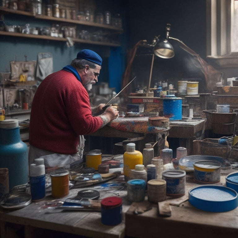 A cluttered workbench with various paintbrushes, rollers, and paint cans in the background, and a person in the foreground wearing a paint-splattered apron, holding a paint swatch chart.