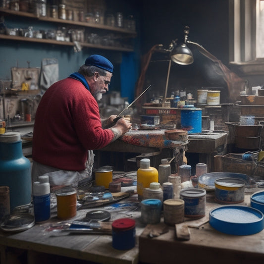 A cluttered workbench with various paintbrushes, rollers, and paint cans in the background, and a person in the foreground wearing a paint-splattered apron, holding a paint swatch chart.