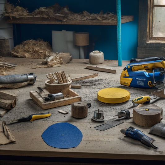 A cluttered workshop table with various wall renovation cutting tools, including a circular saw, reciprocating saw, tile cutter, and utility knife, arranged among wood shavings and dust.