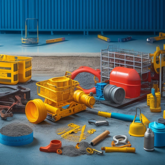 An illustration of a batching plant with various components highlighted in different colors, with wrenches, gears, and other maintenance tools scattered around, surrounded by yellow caution tape.