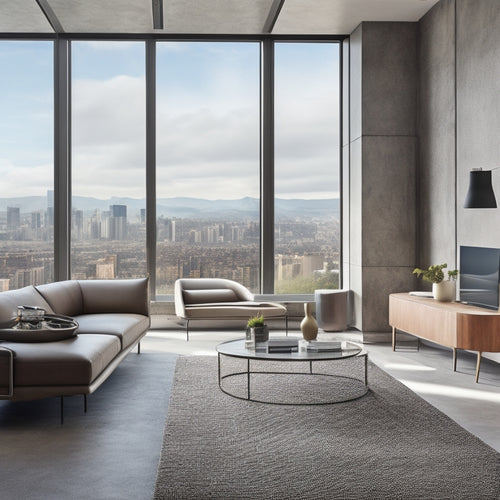 A modern living room with a statement concrete accent wall featuring a unique, irregular shape, surrounded by sleek furniture and large windows with a cityscape view.