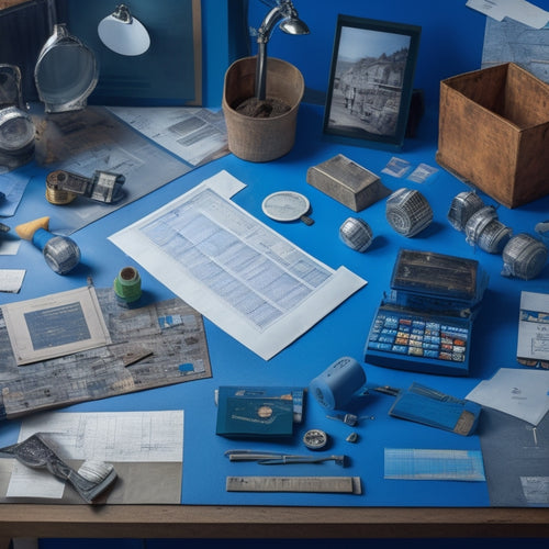 A cluttered workspace with scattered blueprints, hammers, and paint swatches, surrounded by a calendar and clock, with a faint grid of checkboxes and timelines in the background.