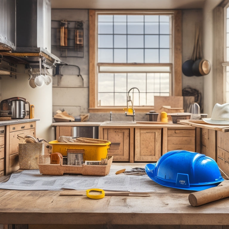 A cluttered construction site with a half-renovated kitchen in the background, featuring a hard hat, safety goggles, and a toolbox centered on a wooden table amidst scattered blueprints.