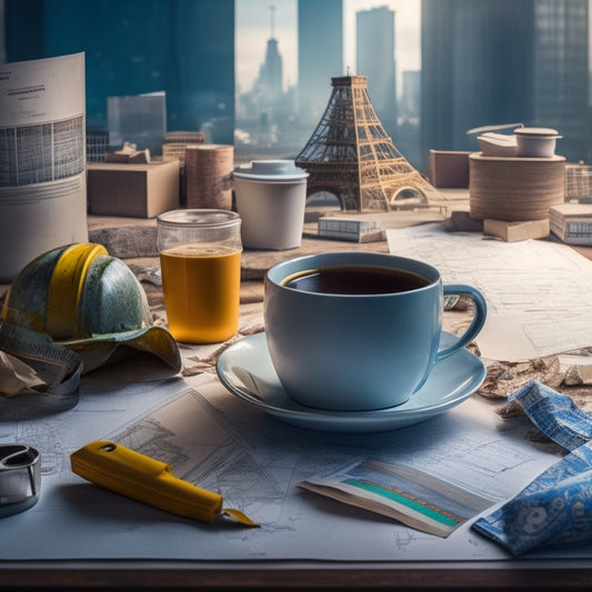A cluttered desk with scattered blueprints, a hard hat, a tape measure, and a permit application, surrounded by coffee cups and crumpled papers, with a cityscape or construction site in the background.