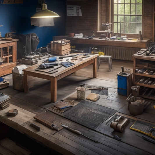 A tidy, well-lit workshop with a variety of flooring tools organized on a wooden workbench, surrounded by swatches of different flooring materials and a few renovation blueprints in the background.