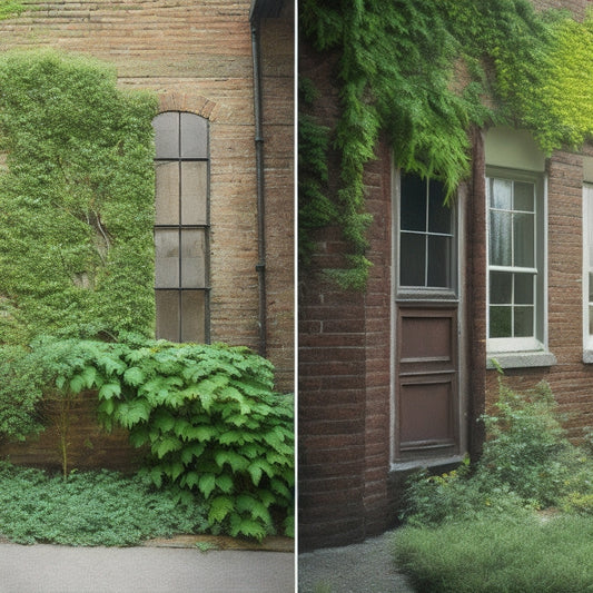 A before-and-after split-screen image: a dilapidated exterior wall with crumbling brick, rusty gutters, and overgrown vines on the left; a renovated wall with sleek siding, modern windows, and lush greenery on the right.