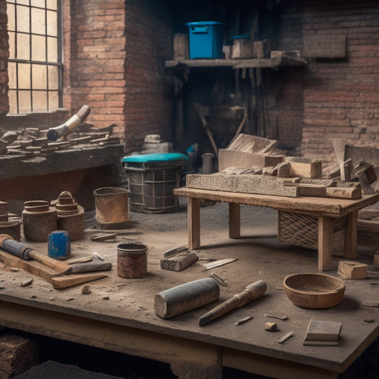 A cluttered workshop table with a variety of masonry tools, including a level, trowel, jointer, and hammer, surrounded by scattered bricks, mortar, and dust, with a blurred background of a construction site.