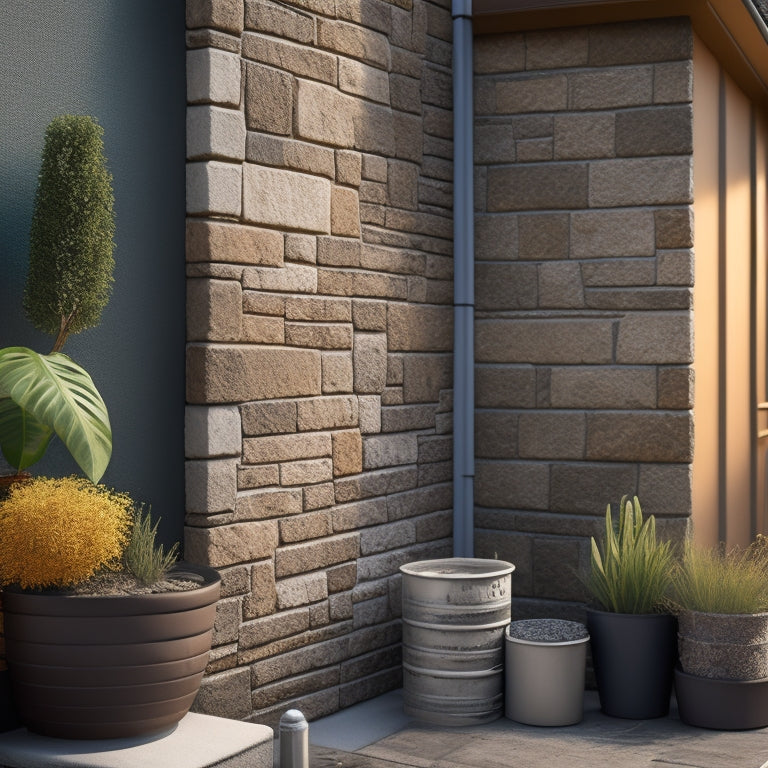 A realistic illustration of a renovated exterior wall with smooth, textured, and patterned stucco finishes, showcasing various noise-reducing kit applications, surrounded by renovation tools and materials.