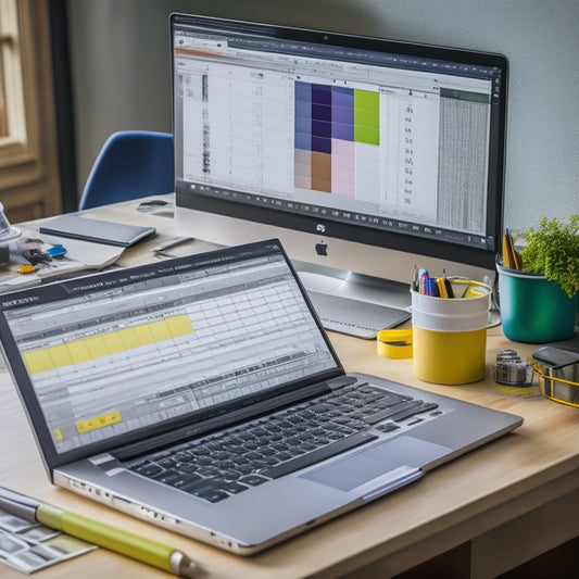 A spreadsheet on a laptop screen with columns for cost, quantity, and total, surrounded by renovation plans, a calculator, and a pen, on a cluttered home office desk with a hammer and paint swatches.