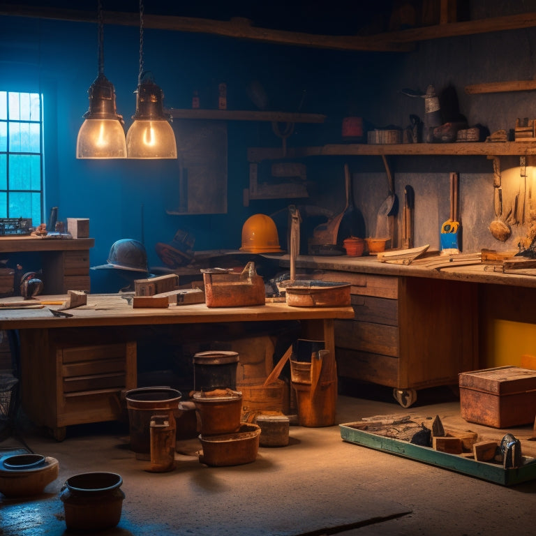 A well-lit workshop with a variety of plastering tools, including trowels, hawks, and floats, alongside renovation essentials like levels, sanders, and drills, all neatly organized on a wooden workbench.
