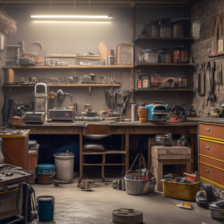 A cluttered garage or workshop with multiple used edgers of different brands and models, surrounded by renovation tools and materials, with a subtle hint of a home renovation project in the background.