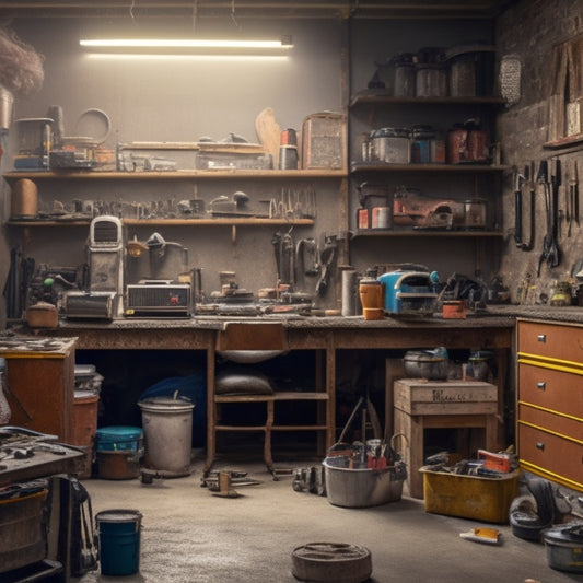 A cluttered garage or workshop with multiple used edgers of different brands and models, surrounded by renovation tools and materials, with a subtle hint of a home renovation project in the background.