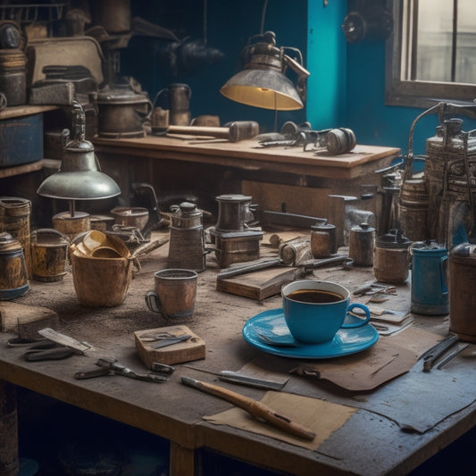 A cluttered workshop table with various tools and machinery in disarray, surrounded by scattered papers and coffee cups, with a few tools having visible signs of rust or damage.