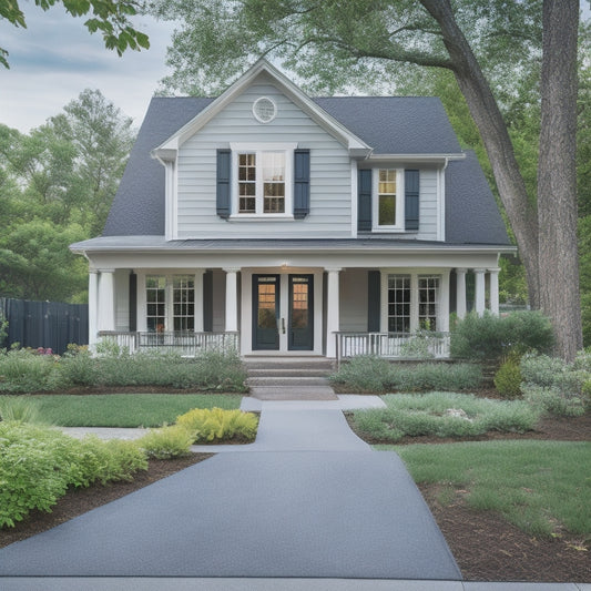 A serene suburban exterior with a renovated facade, featuring a mix of modern and traditional elements, surrounded by lush greenery, with a ladder, toolbox, and scattered renovation materials in the foreground.