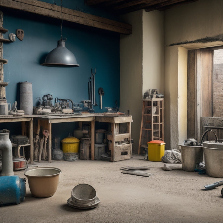 A cluttered workshop backdrop with a variety of tools and equipment scattered about, including a cement mixer, trowels, levels, and safety gear, with a partially renovated concrete house in the background.
