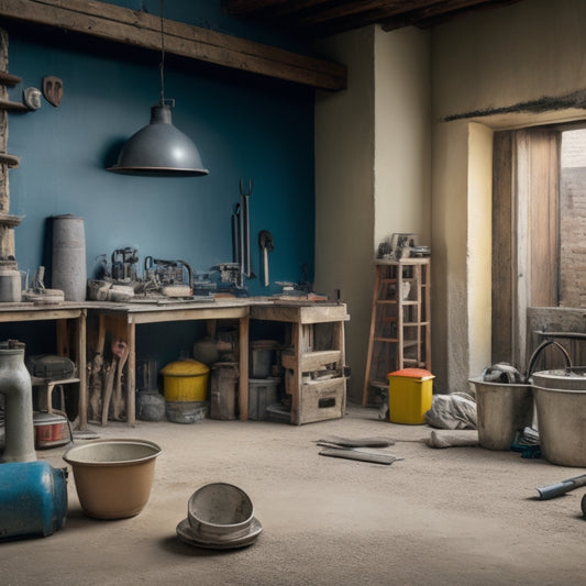 A cluttered workshop backdrop with a variety of tools and equipment scattered about, including a cement mixer, trowels, levels, and safety gear, with a partially renovated concrete house in the background.