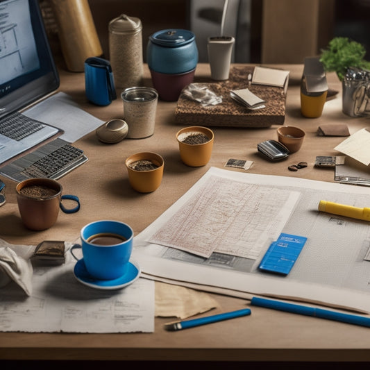 A cluttered desk with rolled-up blueprints, a calculator, and scattered construction material samples (wood, metal, tile, and drywall) surrounded by coffee cups and crumpled notes.