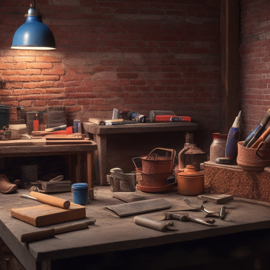 A cluttered workshop table with various tool kits and bricklaying tools scattered around, a half-built brick wall in the background, with a trowel and level prominently displayed.