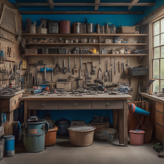 A cluttered workshop with scattered tools and half-finished projects, contrasted with a tidy, organized space featuring labeled bins, a pegboard, and a toolbox, with a faint background of a renovated home.