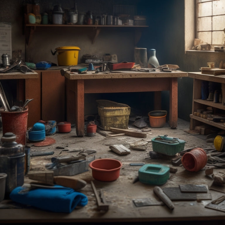 A cluttered workshop with various grouting tools scattered on a workbench, alongside a half-grouted tile wall with a few tiles missing, surrounded by dusty renovation debris.