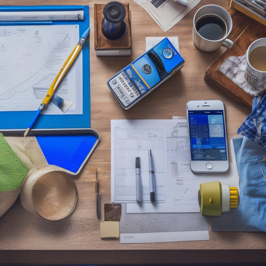 A cluttered desk with scattered papers, pens, and a smartphone displaying a renovation budget app, surrounded by blueprints, paint swatches, and a miniature hammer.