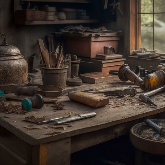 A cluttered workbench with rusty, worn-out tools scattered alongside a few well-maintained ones, with a hammer lying on a wooden plank, surrounded by wood shavings and a faint background of a renovated room.