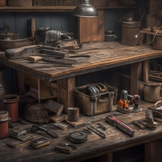 A cluttered workbench with various DIY repair tools scattered about, including a cordless drill, pliers, wrench, hammer, level, and a tape measure, surrounded by wooden planks and renovation materials.