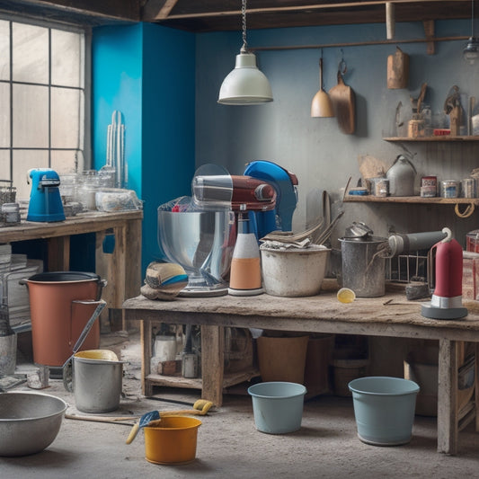 A cluttered renovation site with various types of mixers in the background, including a stand mixer, handheld mixer, and cement mixer, surrounded by renovation tools and construction materials.