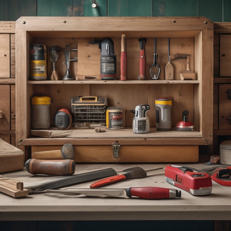 A neatly organized wooden toolbox with a variety of tools, including a cordless drill, level, and pliers, surrounded by renovation materials like tiles, pipes, and a mini power saw.