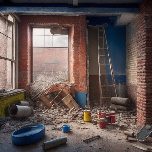 A partially demolished wall with cracks, broken bricks, and crumbling mortar, surrounded by construction tools, scattered debris, and a ladder, set against a backdrop of a renovated room with new flooring and windows.