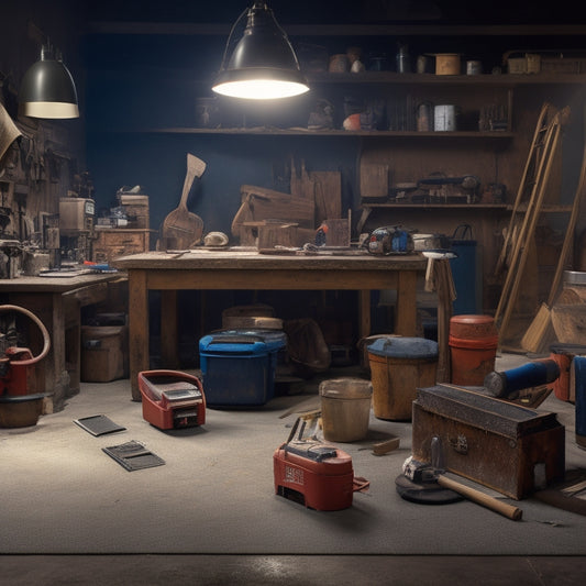 A cluttered workshop background with various floor prep tools scattered around, including a drum sander, edger, and scraper, with a prominent floor prep tool kit box centered, opened to reveal its organized contents.