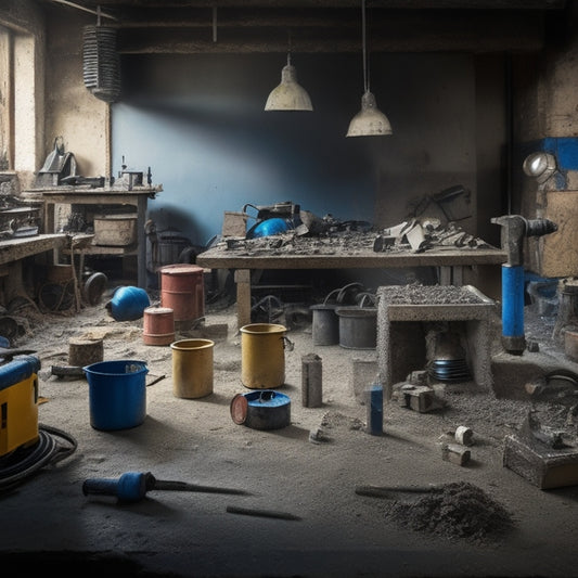 A cluttered workshop with a concrete mixer, hammer drills, rotary hammers, impact wrenches, and grinders strewn about, with a few scattered concrete blocks and power cords in the background.