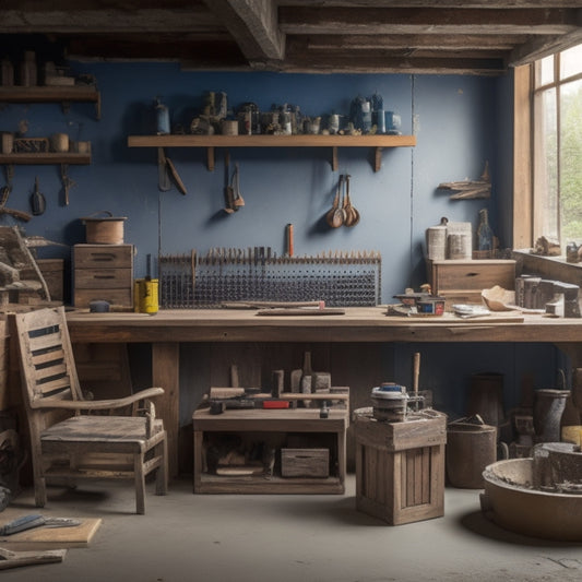 A clutter-free workshop with a wooden workbench in the center, surrounded by neatly organized block-forming tools, such as a trowel, level, and cement mixer, with a partially built block wall in the background.