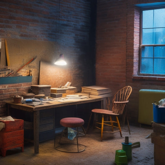 A cluttered, dimly lit room with exposed brick, torn wallpaper, and a single, worn-out chair, surrounded by scattered renovation tools, blueprints, and a partially completed checklist on a clipboard.