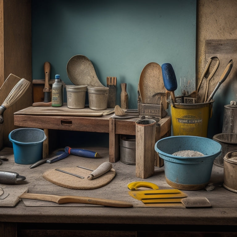 A neatly organized workbench with various trowels, including a pointing trowel, finishing trowel, and notched trowel, surrounded by renovation tools and materials like buckets, sandpaper, and concrete mix.