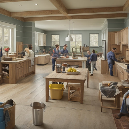 A tidy, organized construction site with a nearly finished living room: installed hardwood floors, painted walls, and a completed kitchen with appliances, surrounded by a few workers efficiently completing final tasks.