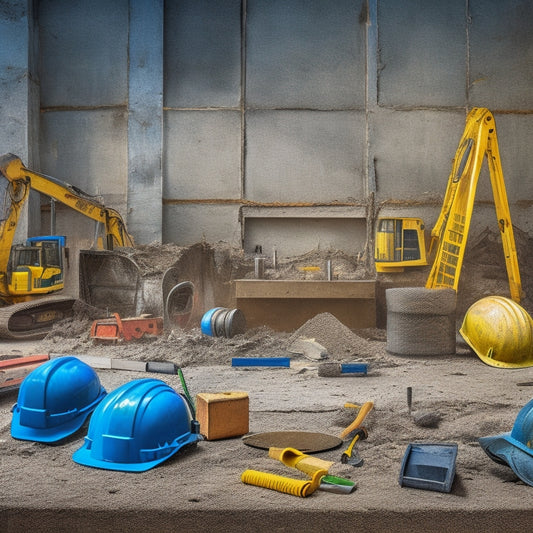A cluttered construction site with a partially demolished cinder block wall, surrounded by various tools and equipment, including a wire brush, safety goggles, and a level, amidst scattered blueprints and hard hats.