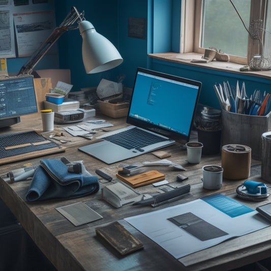 A messy, cluttered workspace with scattered blueprints, paint swatches, and renovation tools, transformed into a tidy, organized space with a laptop and various budgeting apps open on the screen.