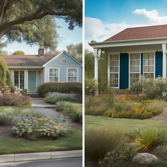 A split-screen image: a messy, rundown exterior of a house on the left, with broken shutters and overgrown gardens, versus a renovated, modern exterior on the right, with sleek windows and a manicured lawn.