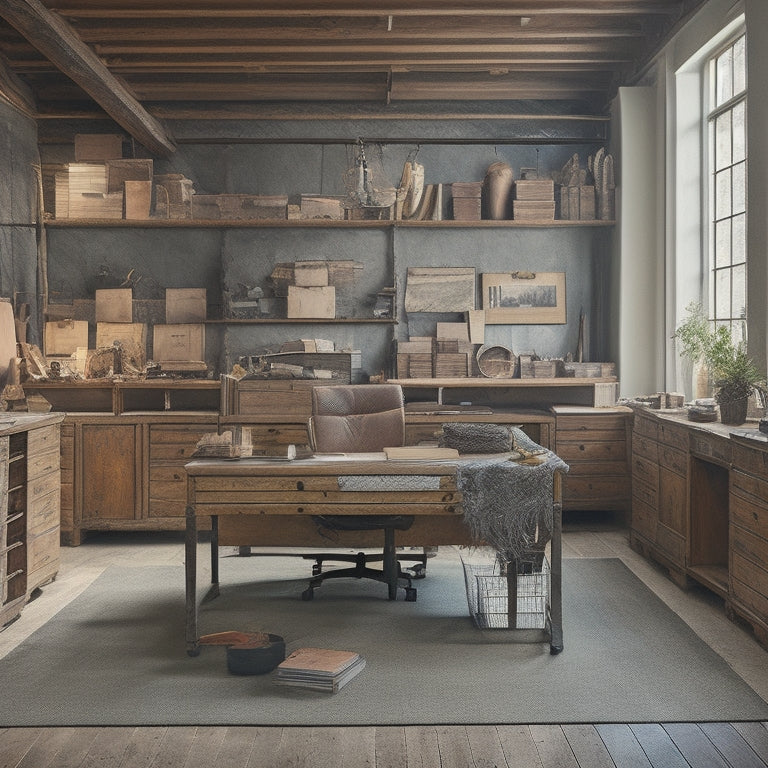 A clutter-free, well-organized workspace with a large, wooden worktable in the center, surrounded by stacks of premium materials, including marble slabs, reclaimed wood planks, and sleek metal fixtures.