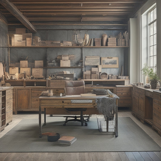 A clutter-free, well-organized workspace with a large, wooden worktable in the center, surrounded by stacks of premium materials, including marble slabs, reclaimed wood planks, and sleek metal fixtures.