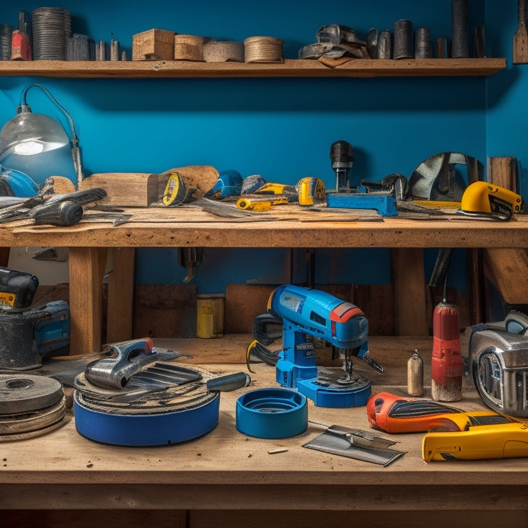 A cluttered workshop table with various power tools, including a circular saw, drill press, and impact driver, surrounded by drywall sheets, screws, and putty knives, with a partially repaired wall in the background.