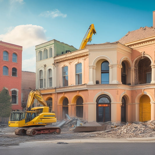 An image of a renovated building with a mismatched stucco color on one corner, clashing with the rest of the facade, surrounded by construction equipment and debris.