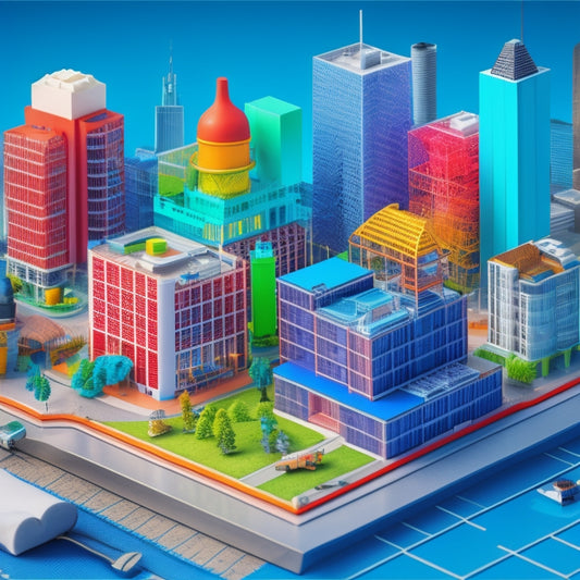 A clean and modern illustration featuring a blueprint of a house with various sections highlighted in bright colors, surrounded by city maps, construction tools, and a miniature city skyline in the background.