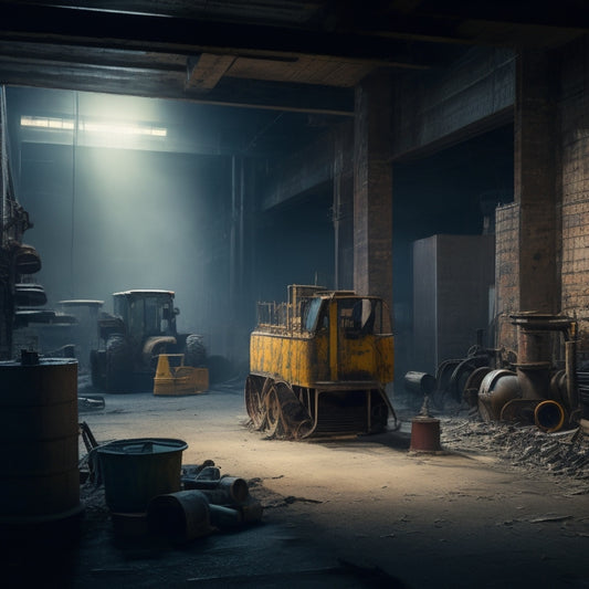 A dimly lit, worn-out industrial block with cracked concrete walls, rusty pipes, and old machinery, surrounded by caution tapes, hard hats, and renovation tools, with a bright light shining in the background.