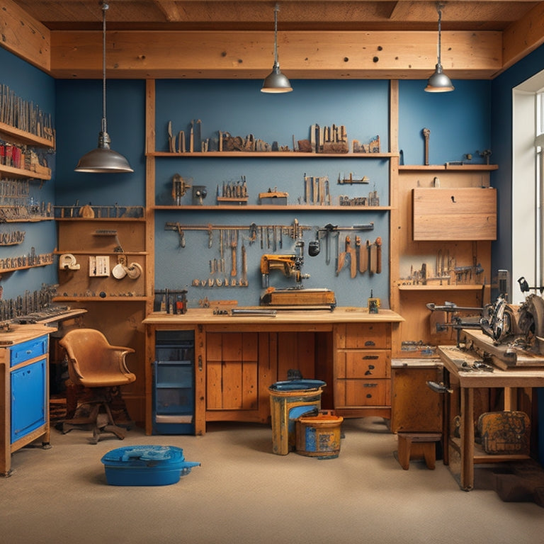 A tidy workshop with a central island, surrounded by organized tool stations, featuring a drill press, miter saw, sanders, and a pegboard with hung tools, amidst a backdrop of smooth, finished wood and drywall samples.