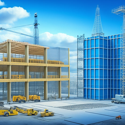 A blueprint illustration of a construction site with a concrete building in the background, overlaid with a large Gantt chart and various icons representing construction stages and timelines.