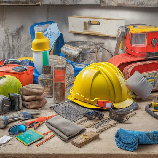 A cluttered construction site with various safety gear scattered around, including a hard hat, safety goggles, dust mask, respirator, earplugs, steel-toed boots, and a first aid kit in the center, surrounded by plastering tools.
