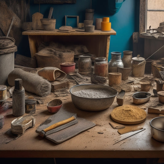 A cluttered workshop table with various plastering tools and materials, including a mixing bucket, trowels, putty knives, sandpaper, joint compound, and a level, arranged in a chaotic yet organized manner.